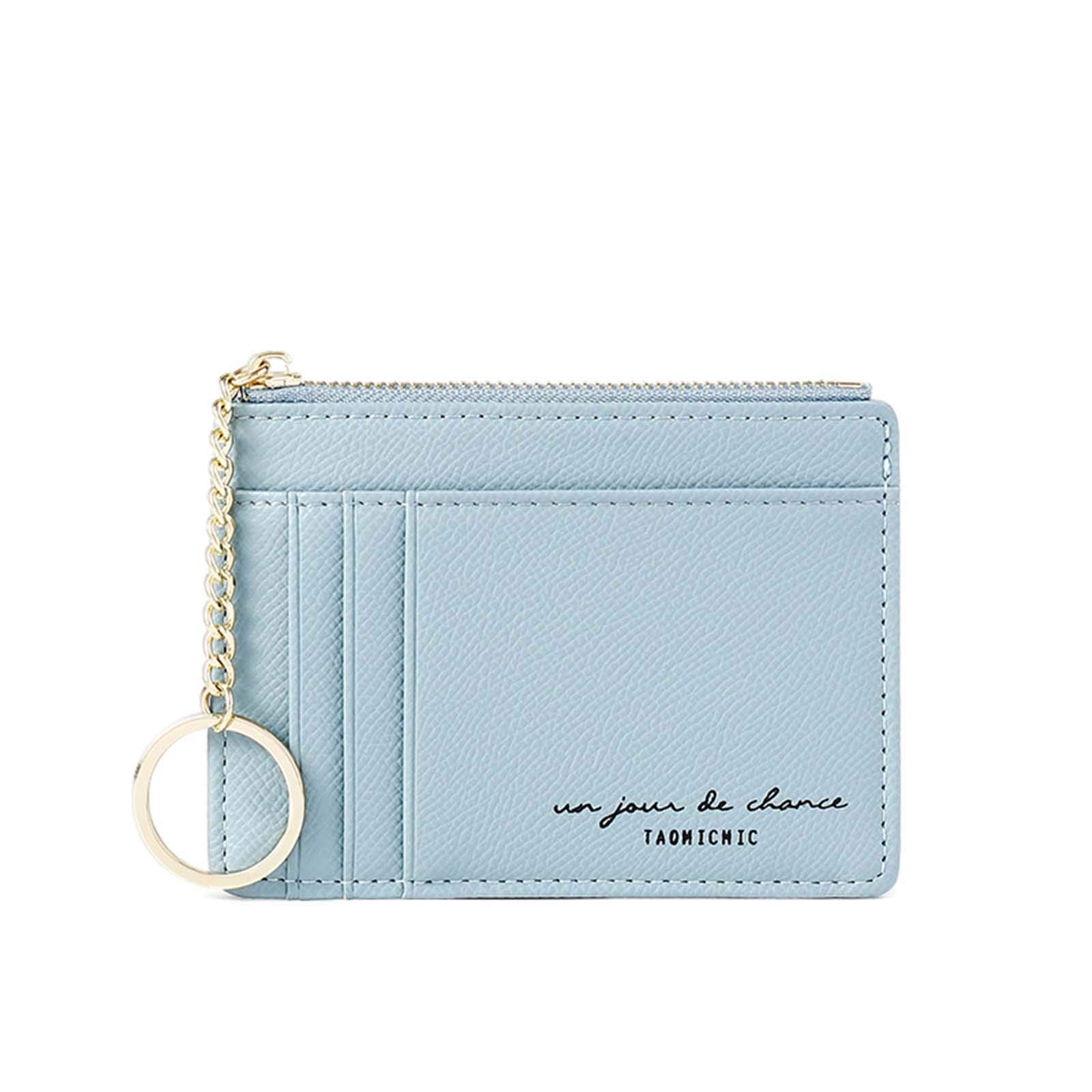 slim rfid blocking card holder small pocket wallet keychian zipper coin purse minimalist leather cash & coin & cards case for women men, blue, s, 801, T801