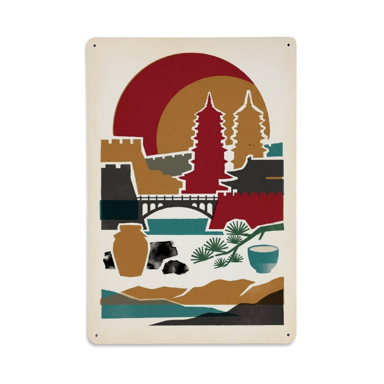 Okngb Style China Taiyuan Vintage Travel Warm Silhouette Cityscape Metal Tin Sign Plaque Wall Decor For Cafe, Man Cave, Club Bar, Office, Home Garden Round Metal Poster 8X12inch