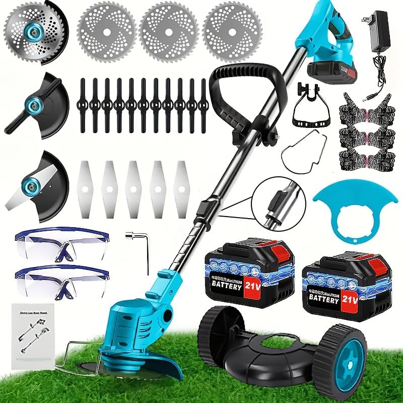 Electric Weed Wacker Cordless Weed Eater Battery Powered 21V, 4-in-1 Lawn Mower, 6 inch Edger StringlessTrimmer with Wheel & Blade, 2 Battery (Violet)