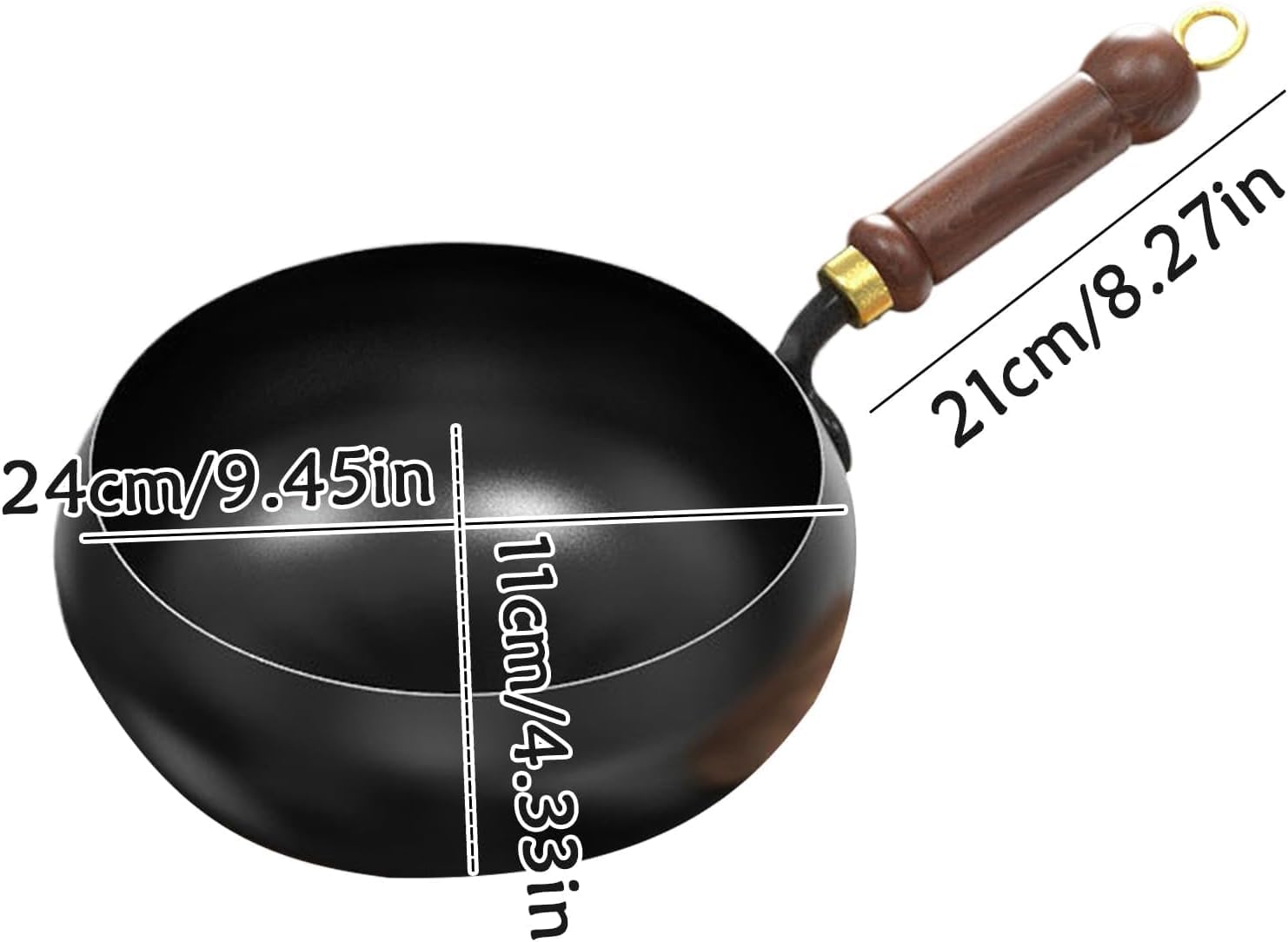 Wok Giapponese in Ferro forgiato a Mano con Coperchio in Legno – Wok in ghisa Naturale Antiaderente – Wok in Acciaio Inox Senza Rivestimento – Compatibile con induzione, Gas ed Elettrico,24cm