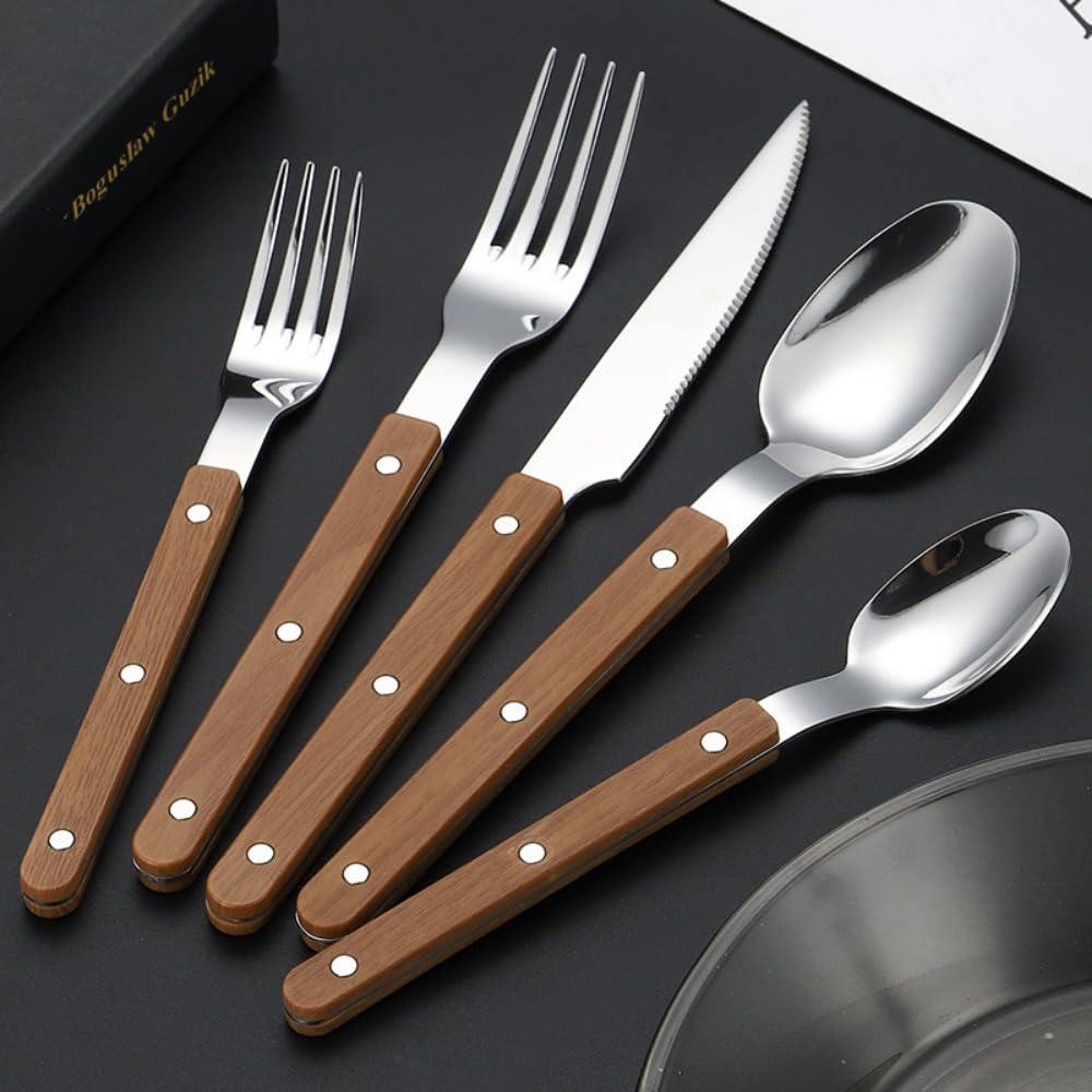 Spessa Rivetto Morsetto Manico Cucina Acciaio Inox Argenteria Stoviglie Posate Set Bistecca Coltello Forchetta Cucchiaio Cucchiaino (Marrone scuro,20 pezzi)