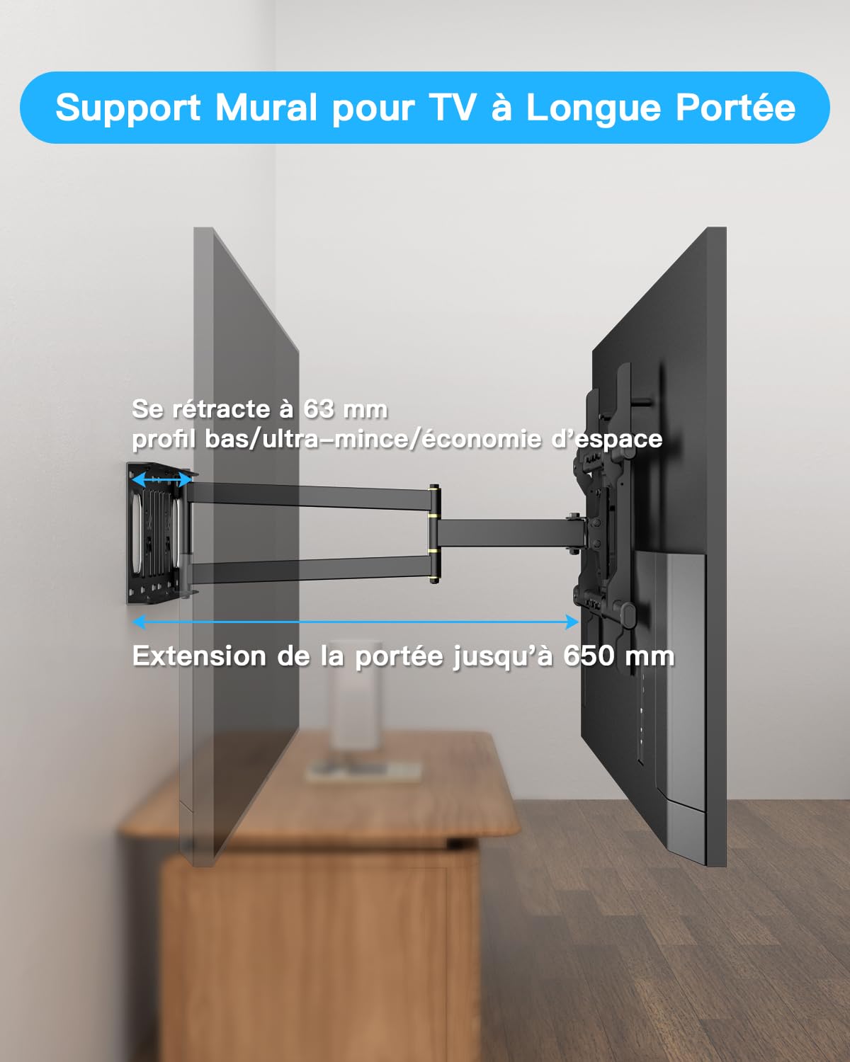 Support Mural TV Longue Portée avec Extension de 650mm | Pivotant Inclinable et Extensible pour Téléviseurs Plats et Incurvés de 32 à 70 Pouces jusqu'à 35kg, Max VESA 600x400mm