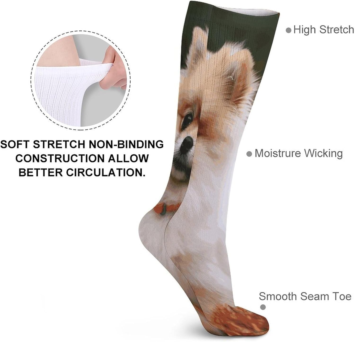 Short-haired Pomeranian Dog Knee High Socks Cozy Knee High Socks Soft Mid-Length Sock for All Seasons Daily Wear Adult