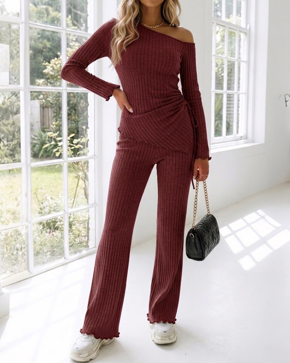 CHICME Womens 2 Piece Lounge Set Ribbed Knit One Shoulder Long Sleeve Top and Flare Leg Pants with Pockets Matching Outfits