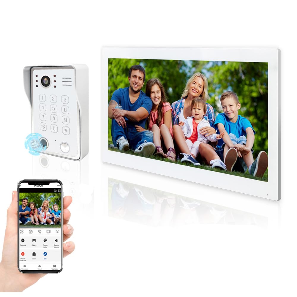 Videocitofono WiFi con videocitofono, 1080p, con monitor touch da 10 pollici, (cablato), supporta impronte digitali, schede RFID e sblocco password