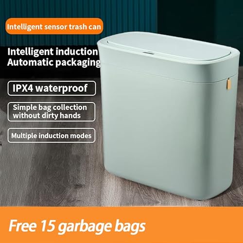 ianomla ianomla Automatischer Badezimmer Mülleimer mit Deckel, 12 l Schlanker Sensor Mülleimer, Kunststoff, Wasserdichter Bewegungssensor Eimer mit Müllbeuteln, für Schlafzimmer, Wohnzimmer, Enge Räume, Grün - Funktionsansicht 5 | Mülleimer mit Sensor