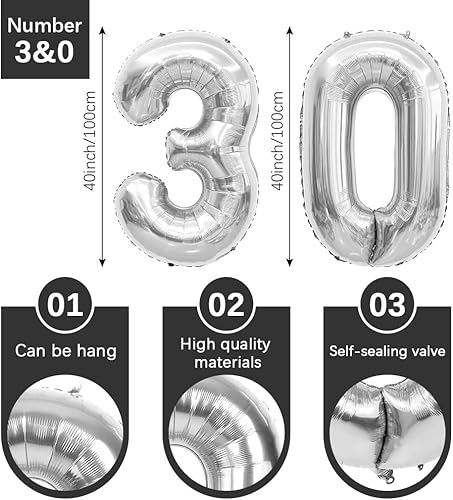 Miniatura 2 de Globos plateados de 40 pulgadas, globos del número 30, decoraciones de feliz cumpleaños 30 para ella, globos de cumpleaños de 30 años, globos de