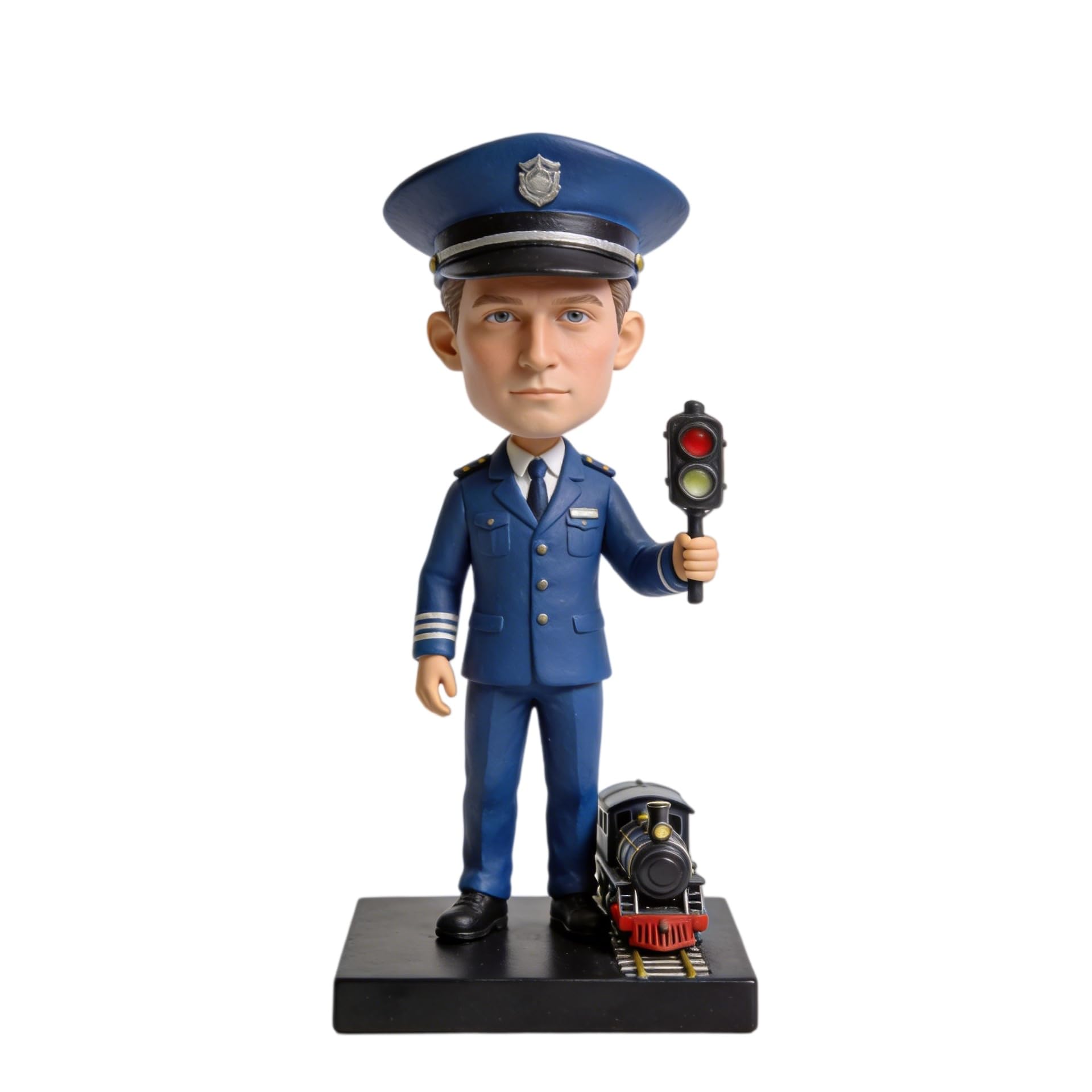 Bobblehead de conductor de tren personalizado, figura 3D personalizada de la foto, estatua de cuerpo completo de arcilla polimérica hecha a mano con modelo de mini tren, regalo para cumpleaños