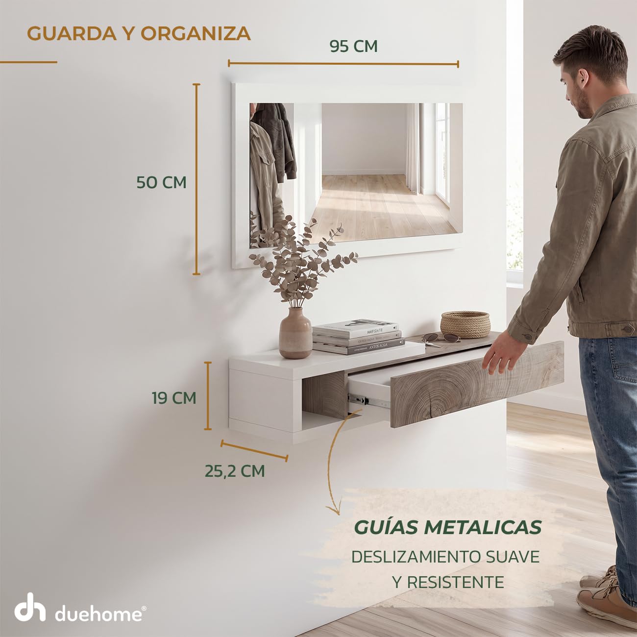duehome | Recibidor con Cajon y Espejo, Mueble de Entrada, Modelo Derek, Acabado en Blanco Artik y Roble Alaska, Medidas: 95 cm (Ancho) x 19 cm (Alto) x 25,2 cm (Fondo)