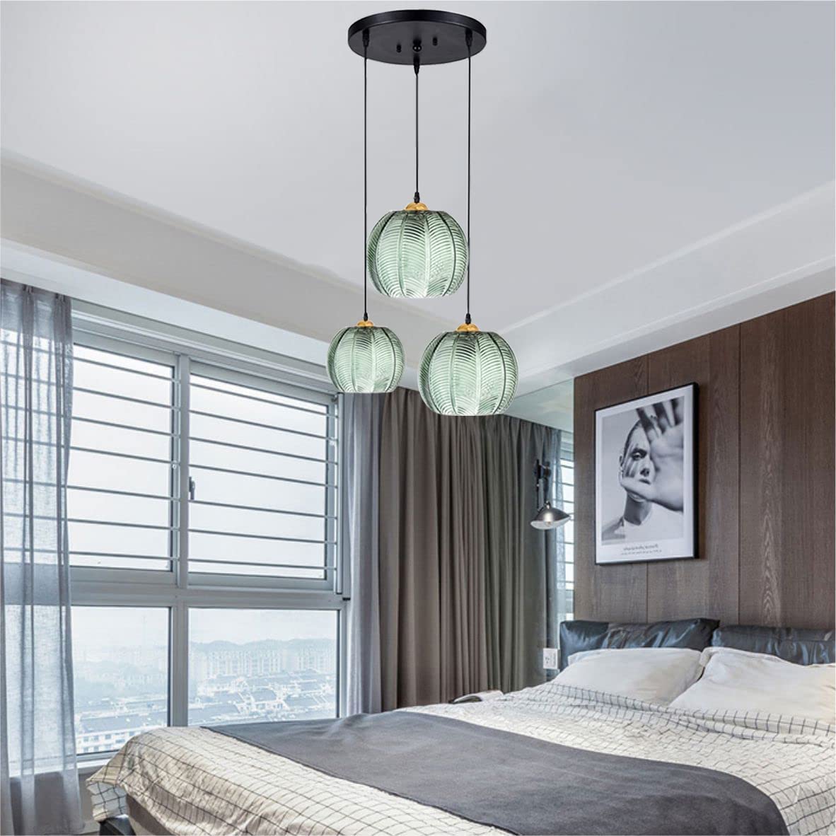 Lampade a Sospensione Moderne in Vetro, lampadario a 3 Teste con Design a Zucca Verde e Paralume in Vetro scanalato, Cavo Regolabile, Lampada a Sospensione da soffitto per Camera da Letto, s