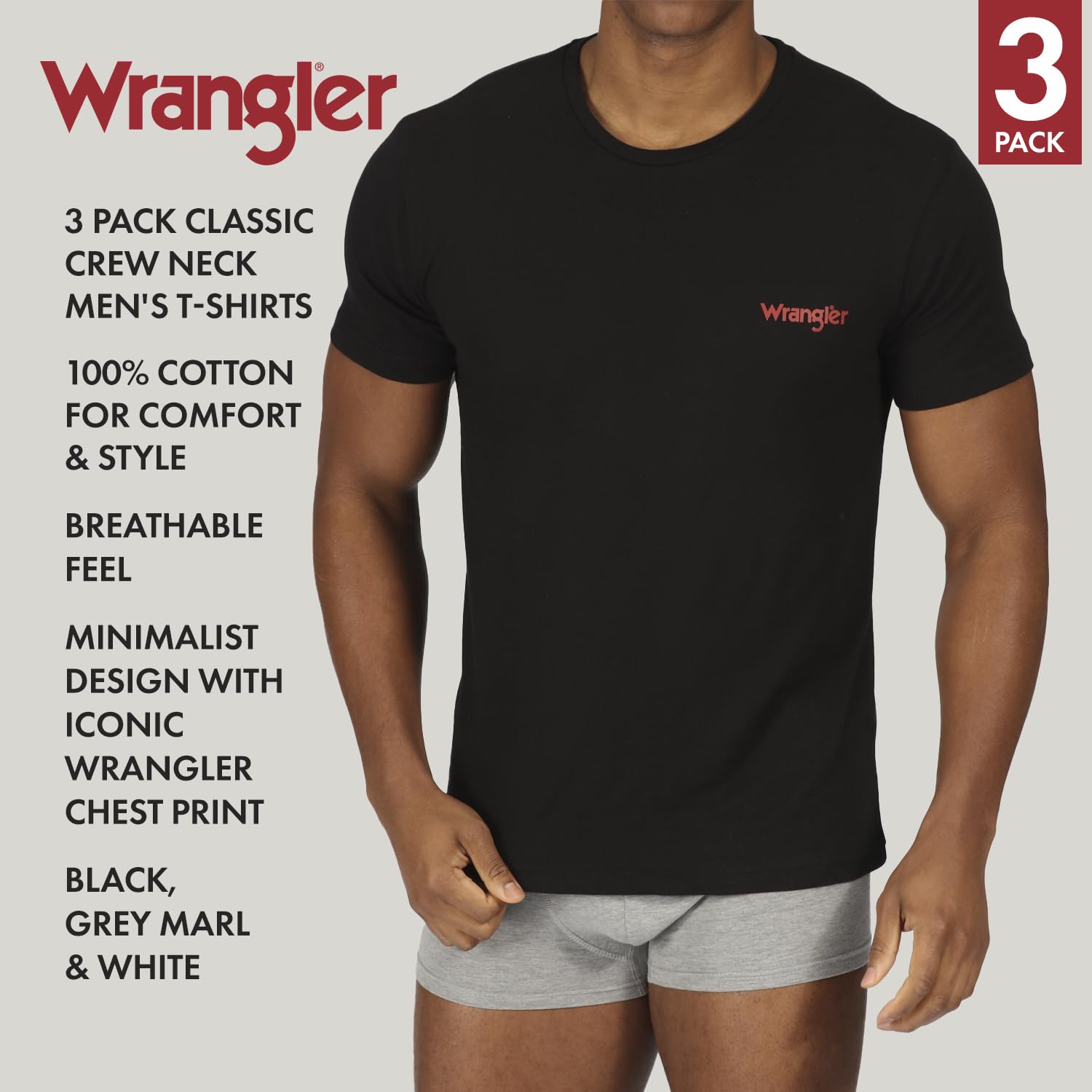 Wrangler Koszulka męska Marston (3 sztuki), Czarny/Szary Marl/Biały, L-XL