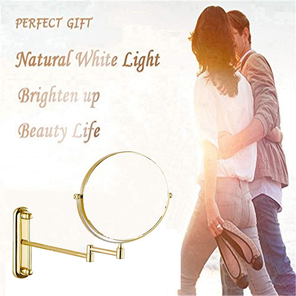 Espejo de maquillaje Montaje en pared, Espejo de baño de Doble Cara extensible giratorio de 360 ° Espejo de Aumento de 3X Espejo de belleza de Forma Redonda plegable,Gold_8inch (Gold 8inch)