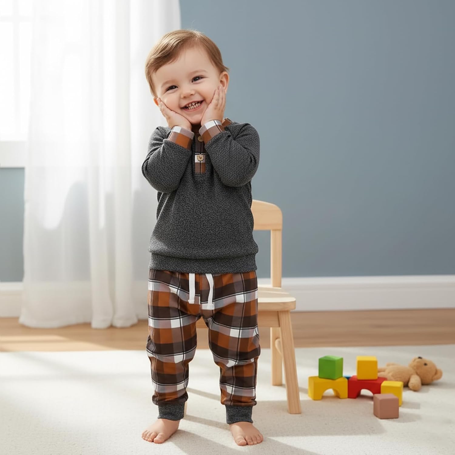 Toddler Boy Clothes Fall Winter Outfits Baby Boys Plaid Button Down Long Sleeve Tops + Pants Sets 12 Months-5T - Image 3