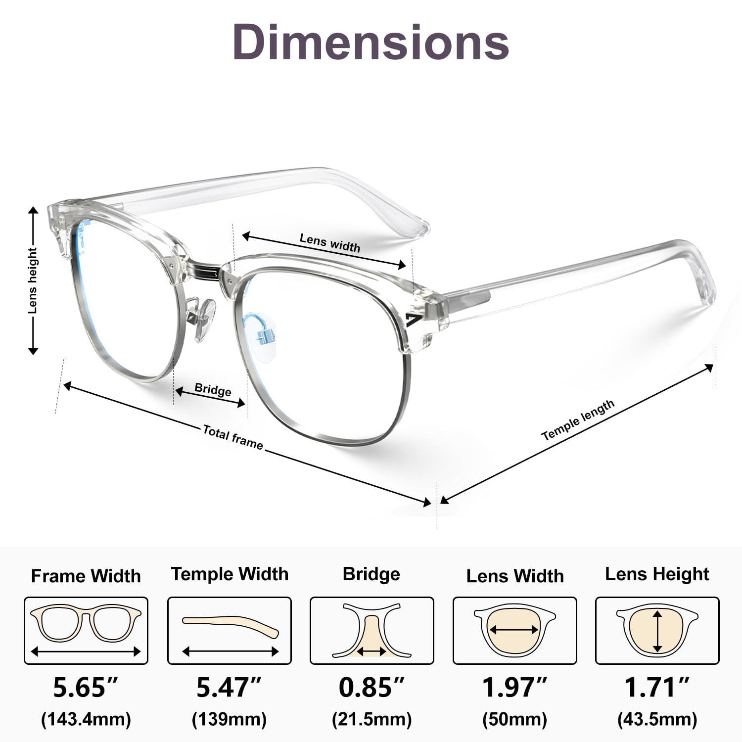 Gafas cuadradas con bloqueo de luz azul con antideslumbramiento de computadora para juegos de lectura, mujeres y hombres, Transparente, Large