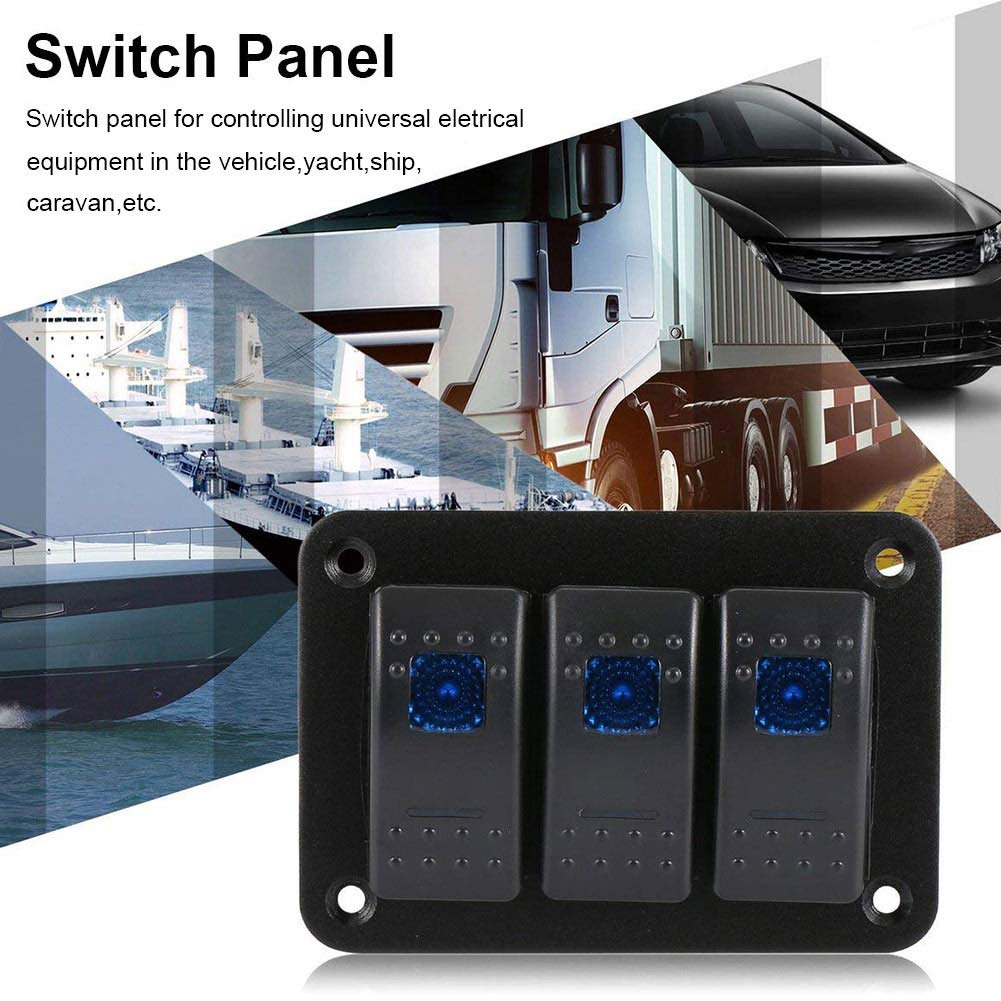 Geloo Panel de Interruptores de 3Gang Universales de Aluminio de 12V Interruptor Basculante Precableado 5 pines Encendido/Apagado Azul LED Retroiluminados