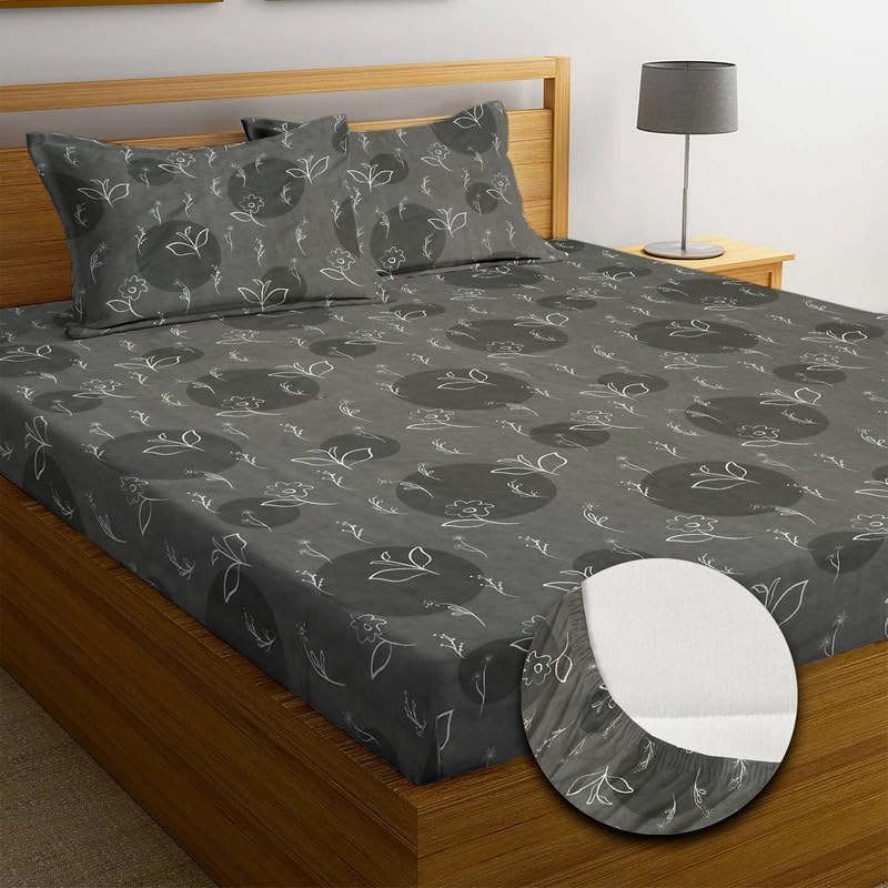 NEW LEAF Premium Cotton 210tc Elastic Fitted Bedsheets with 2 Pillow Covers | Double/King Bed with All Around Elastic Wrinklefree Supersoft Breathable |Size-78 x72+8 inches |Floral, Dark Grey (B0D1PDSFL1) Amazon Price History, Amazon Price Tracker