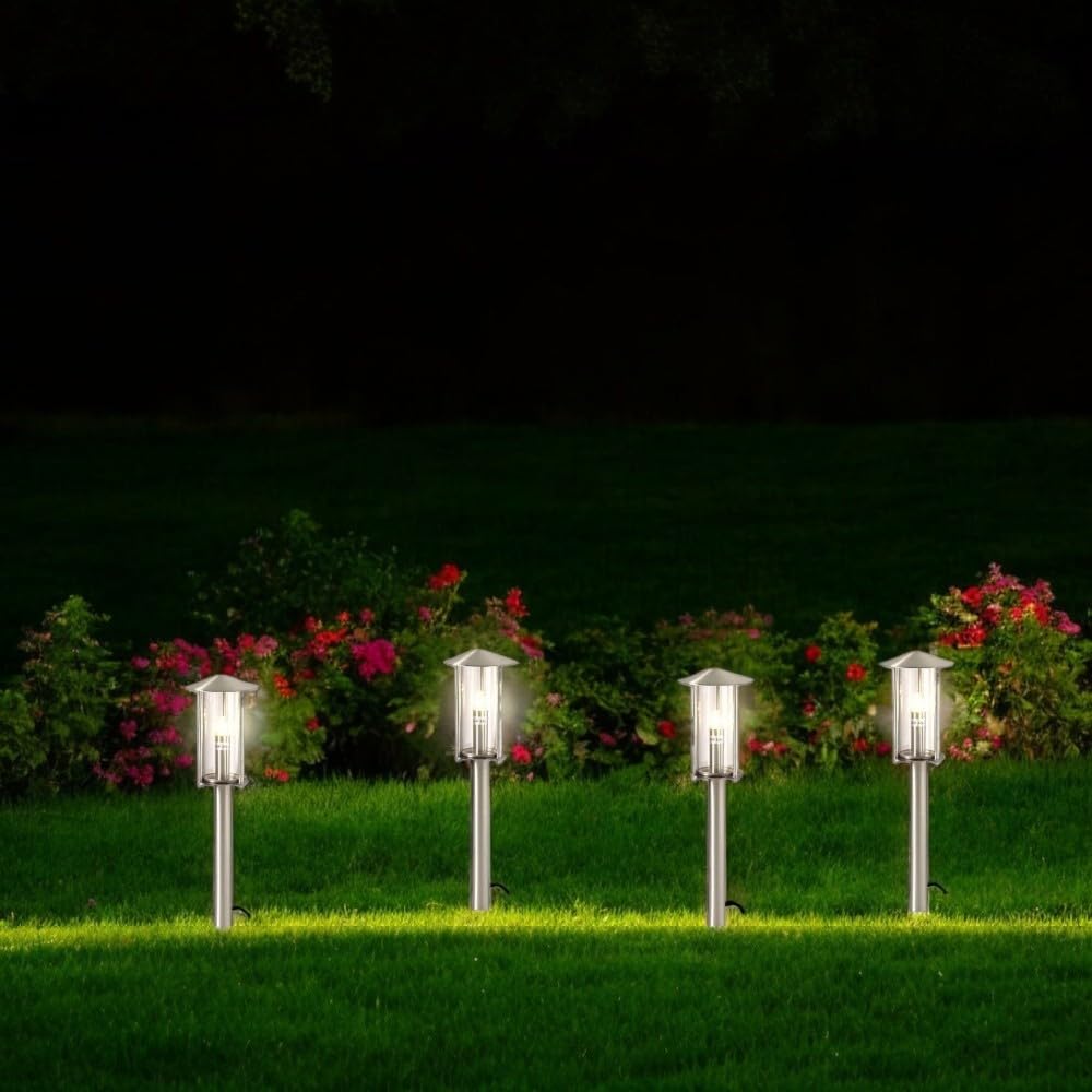 Dapo® 4x Hochwertige Edelstahl-LED-Außen-Gartenlaterne-Wege-Leuchte-Lampe VICO 4 mit Erdspieß IP44 inkl. Leuchtmittel G4 4 x 1,5W (A+)