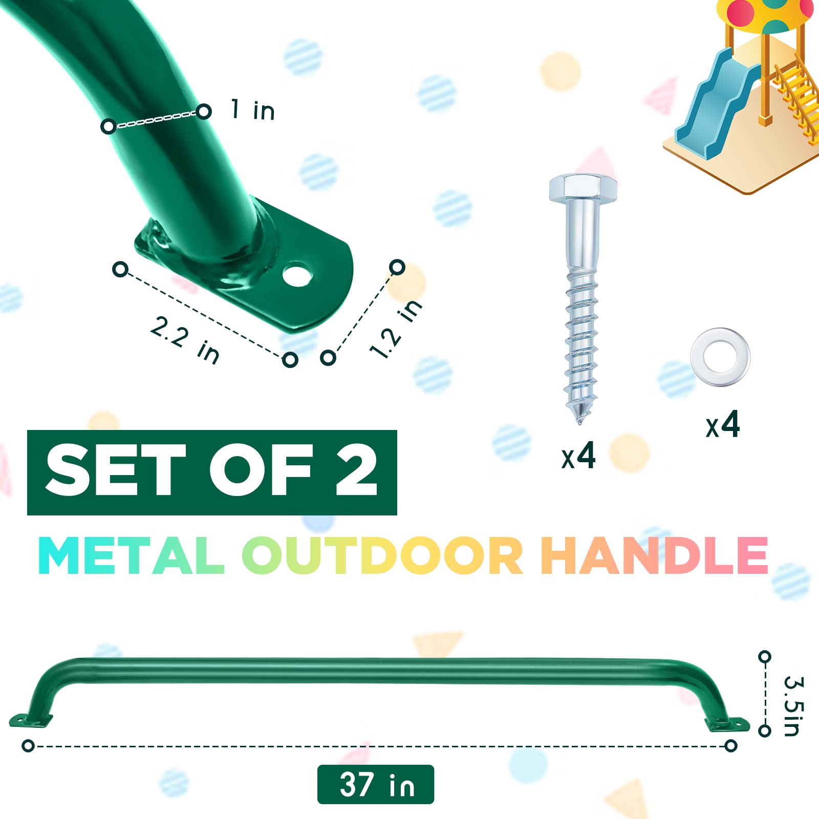 Lounsweer 2 Pieces Playground Accessories Metal Green Safety Handles Playhouse Ladder Handle Long Green Grab Handle Bars for Treehouse, Jungle Gym, Rock Climbing Wall, Playground (39 Inch)