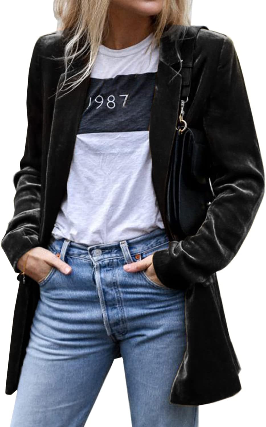 futurino Women's Solid Color Long Sleeve Velvet Jacket Open Front Casual Suit Cardigan Mid-Length Coat Black XX-Large