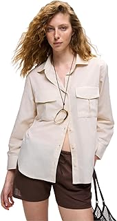 RIGO Kadın %100 Pamuk Keten Görünümlü Flamlı Rahat Kesi̇m Cep Detaylı Krem Gömlek XS