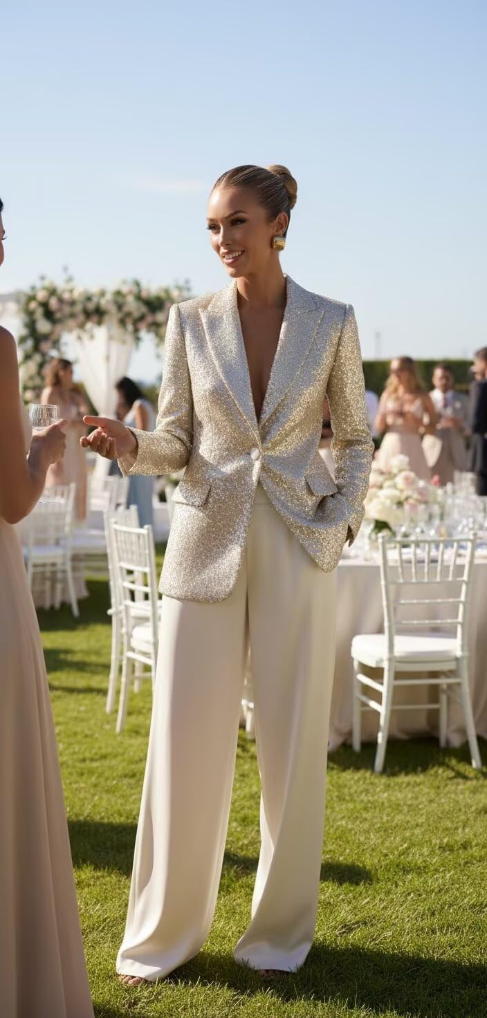Sequin Womens Suit 2 Piece Glitter Sparkly Womens Suits for Wedding Party 1 Button Peak Lapel Shiny Prom Tuxedo