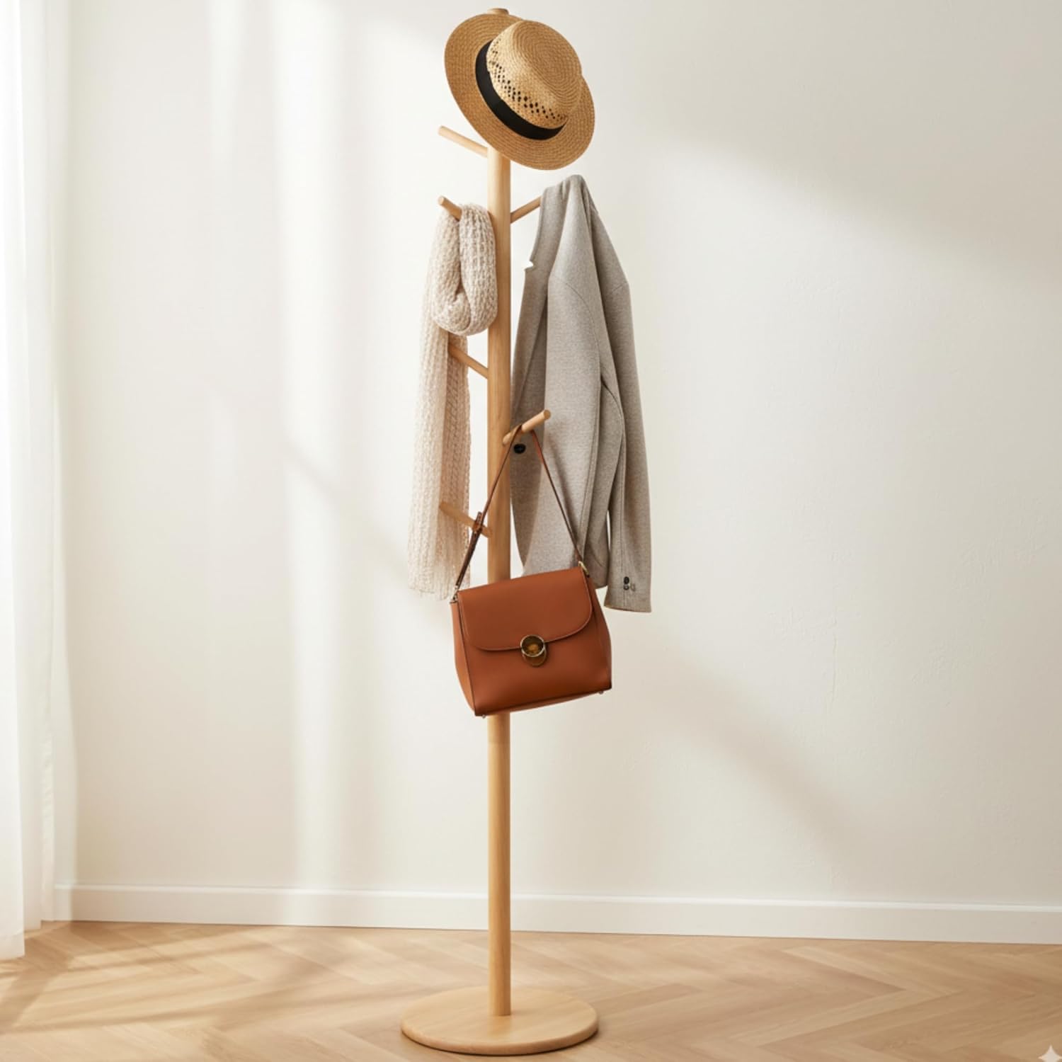 solid wood coat rack and stand, free standing clothes hanger with 8 hooks and 3 adjustable height, perchero, hat stand, coat hanger, wooden racks for entryway or hallway (natural)