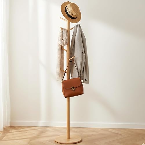 Perchero y soporte de madera maciza, colgador de ropa independiente con 8 ganchos y 3 alturas ajustables, perchero, soporte para sombreros,