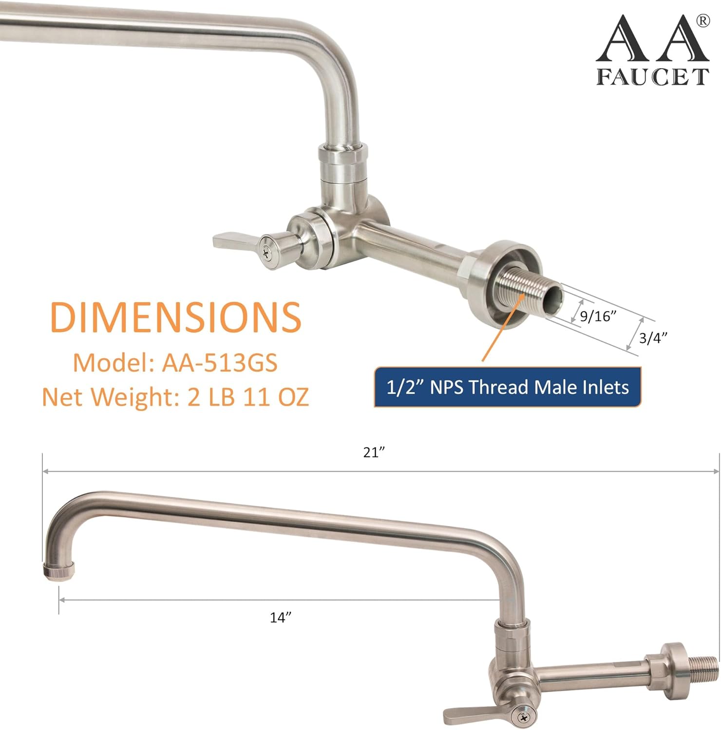 Single Wall Mount Commercial Manual Wok Range Faucet with 14" Swing Spout, All Stainless Steel Construction for Restaurant Kitchen NSF Approved