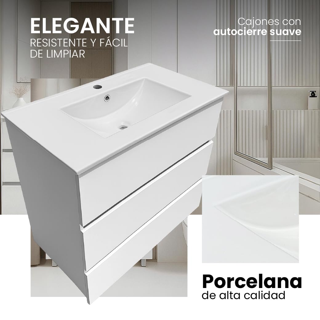 Juego Mueble Baño con Lavabo. Mueble Lavabo 80 cm. Mueble Bajo Lavabo Compacto Preinstalado de Fábrica. Mueble Baño con Lavabo 80 cm con Pie de Porcelana. No Incluye Espejo.