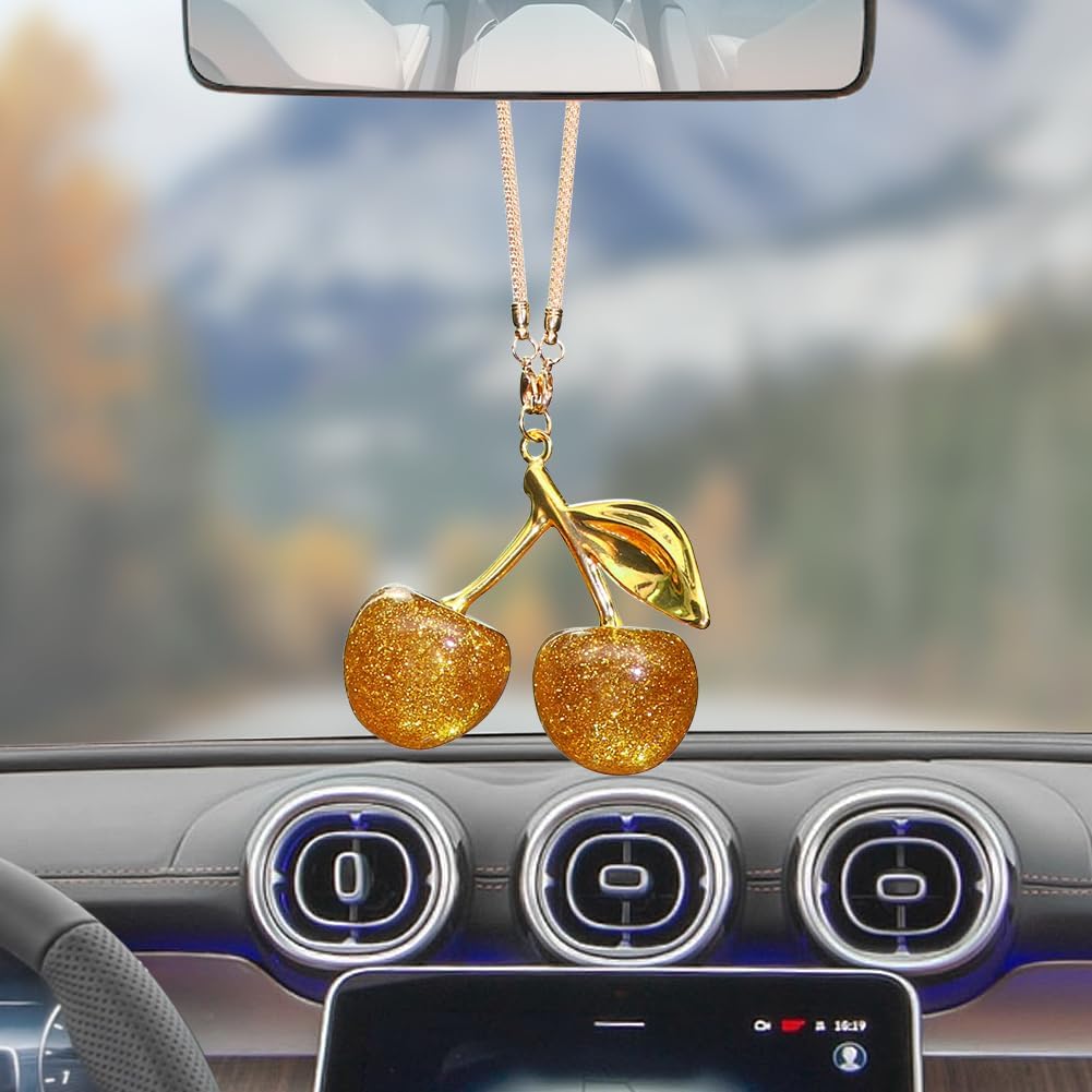 Briwill Cherry Rear View Mirror Charm, Cherry Car Accessories for Women,Silver&Red