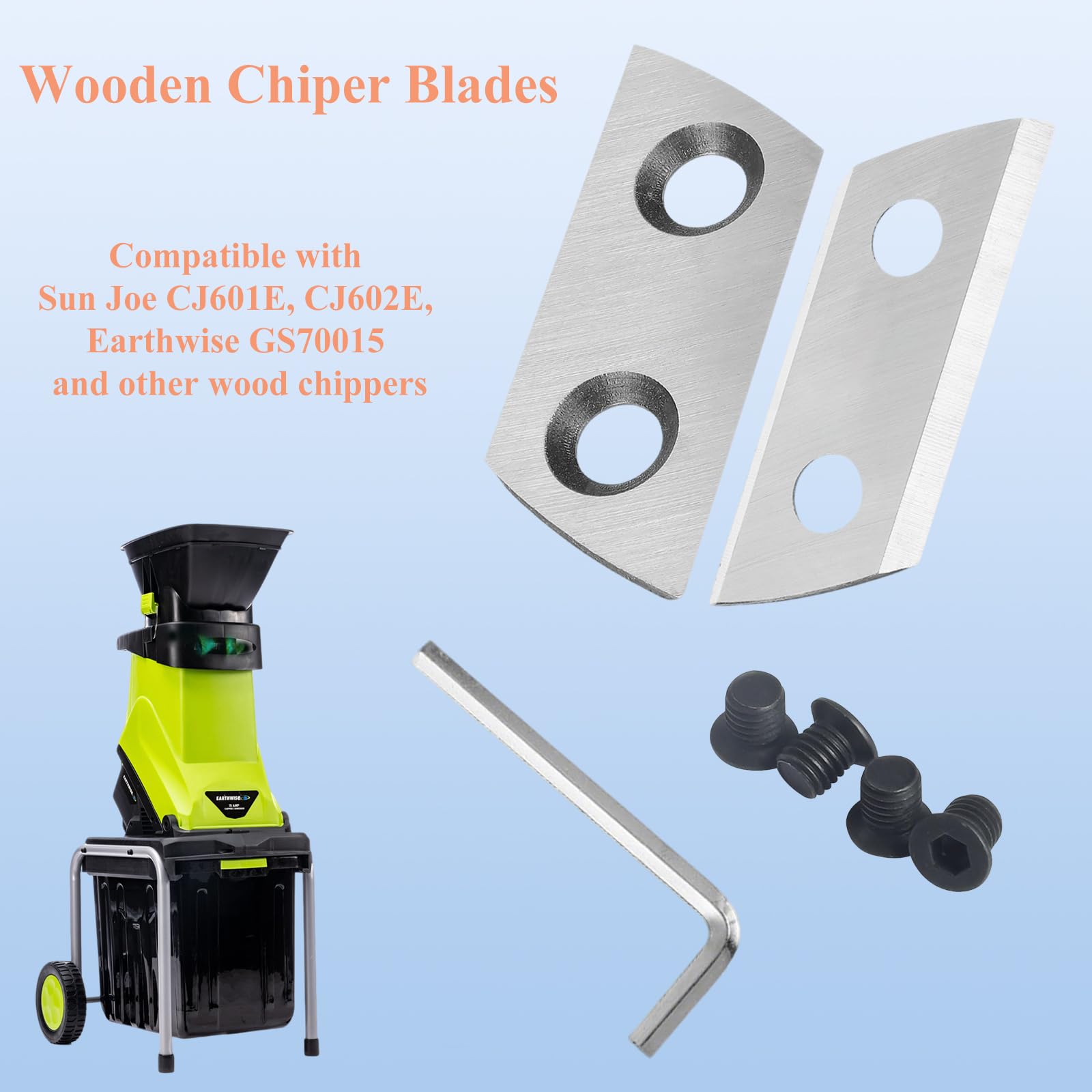 4 cuchillas de madera compatibles con Sun Joe CJ601E, CJ602E, Earthwise GS70015, kit de herramientas de corte de doble cara reemplazables, con llave hexagonal en forma de L