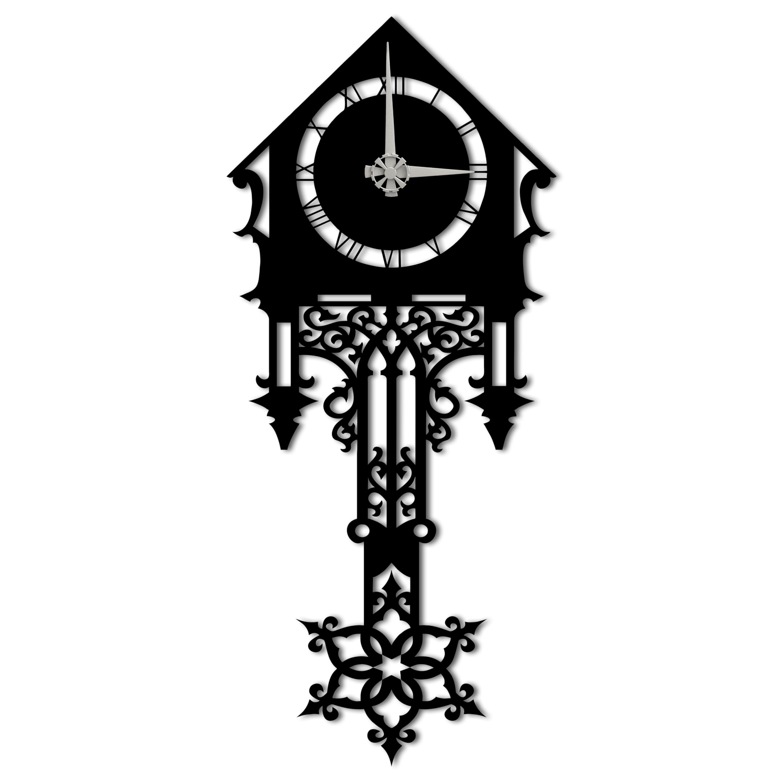 BONPERLA Vintage Pendulum Wall Clock – Ornate Black Metal Design with Roman Numerals – Silent Quartz Movement – Gothic Style Wall Décor for Living Room, Entryway, or Hallway (13" x 29."H)