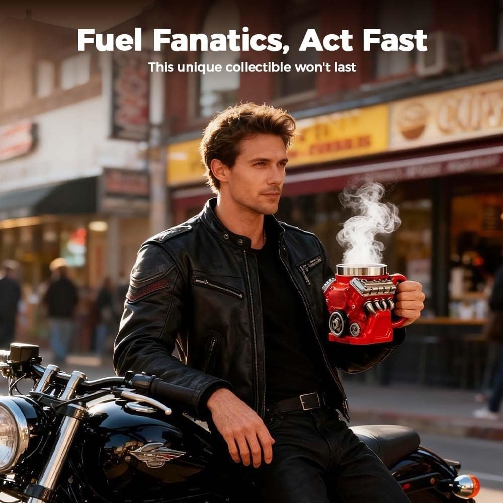 Engine Coffee Mug with Spoon, Red Resin and Stainless Steel Creative Car Engine Cup, Steampunk Industrial Design Collectible Gift for Car Enthusiasts (4)