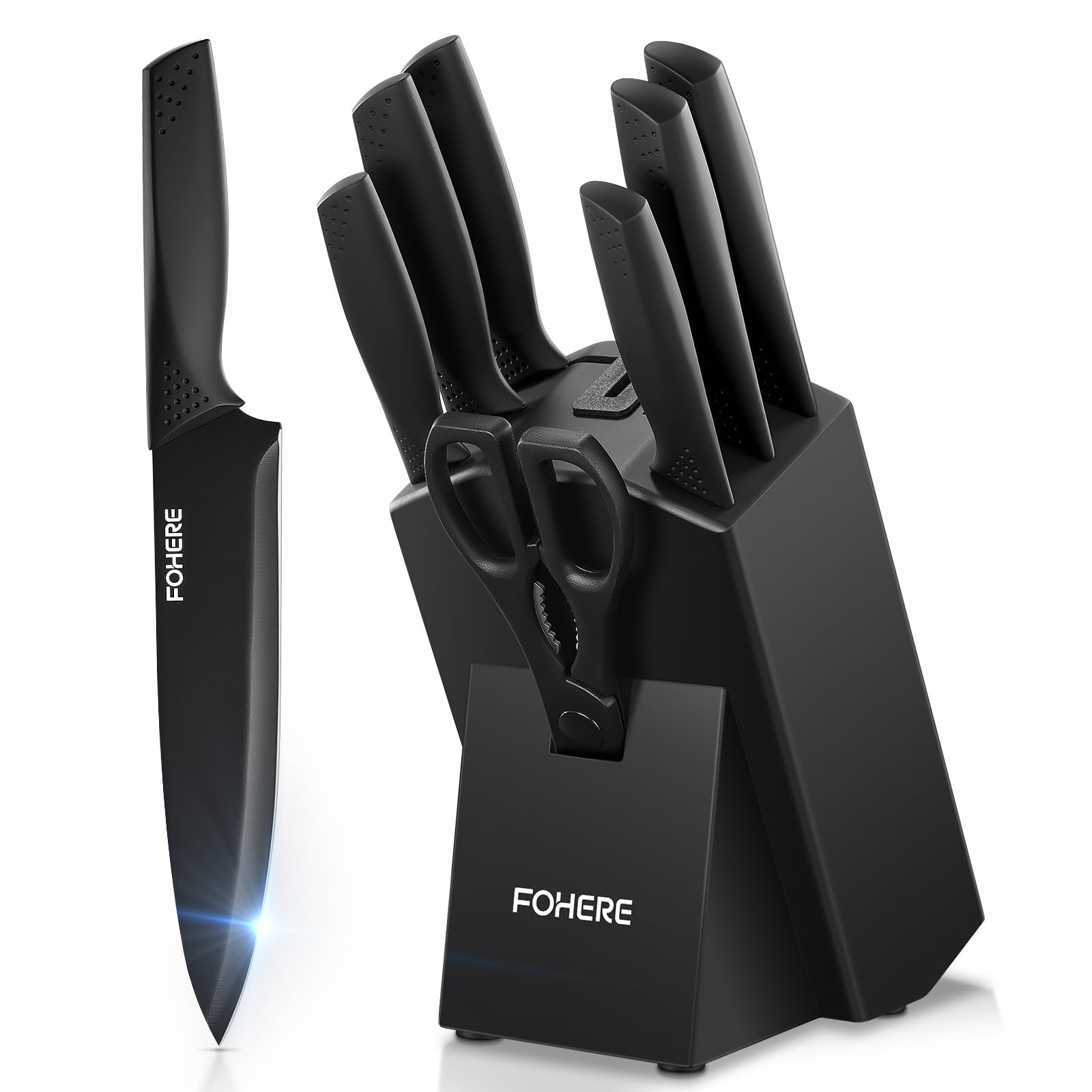 Juego de Cuchillos de Cocina con Bloque FOHERE 8 Piezas Bloque de Cuchillos con Afilador Integrado Acero Inoxidable Cuchillos Cocina Profesional, Negro