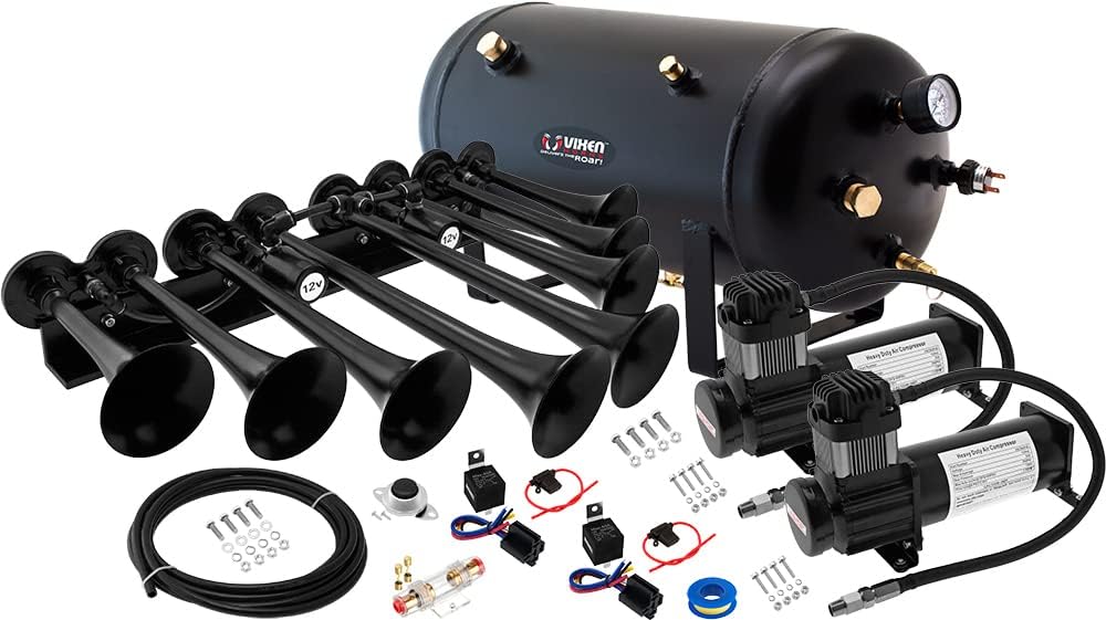 Vixen Horns OCTOPOD Train Horn Kit for Trucks/Car/Semi.Complete Onboard System-Dual 200psi Air Compressor,5 Gallon Tank,8 Trumpets.Super Loud dB.Fits Vehicles like Pickup/Jeep/RV 12v VXO8350BDP/8124XB