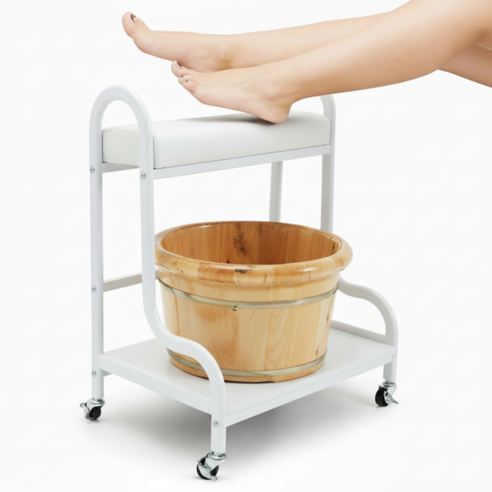Geelin Pedicure Cart Foot Bath Trolley with Wheels Portable Trolley for Foot Rest Manicure Massage Pedicure Stool with Cushion Beauty Spa Supplies, White-image-23