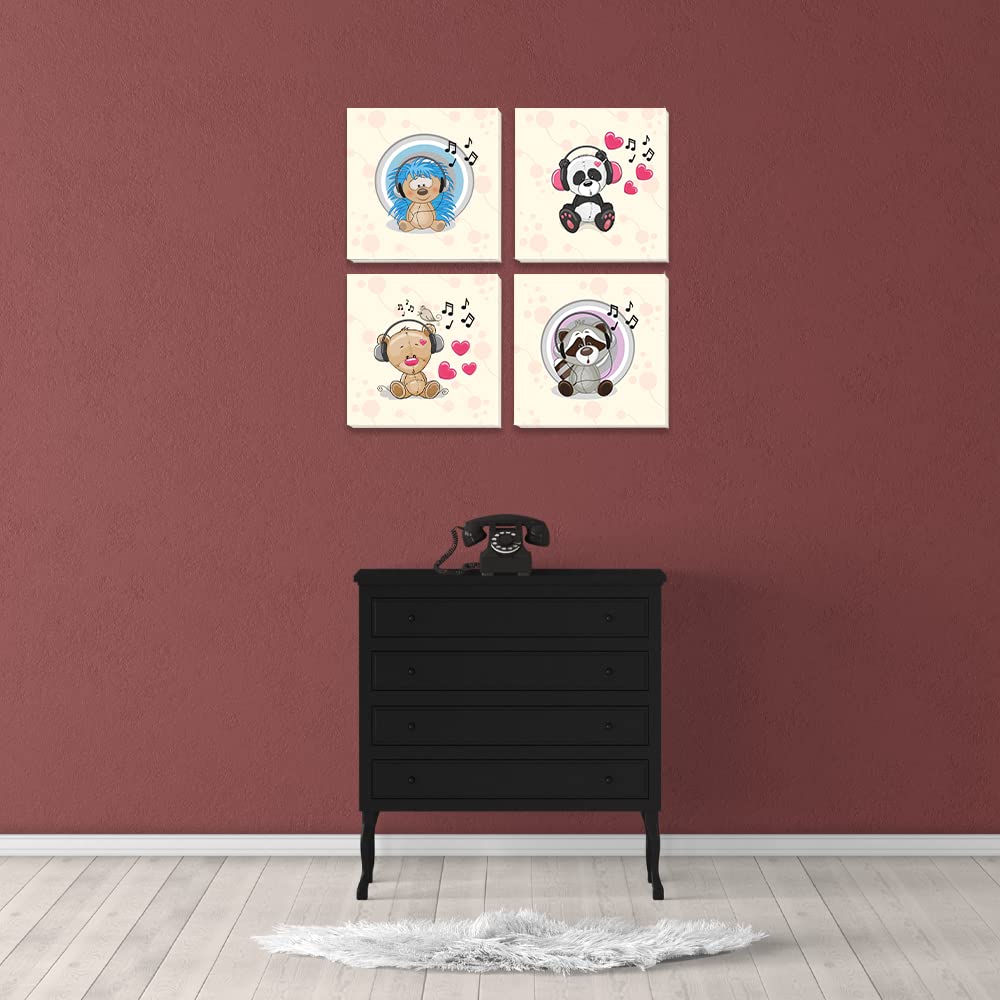 4-Panel Animal Wall Art Canvas Prints - Cute Panda, Bear, Raccoon, Hedgehog Music Painting For Kids Room, Nursery Decor