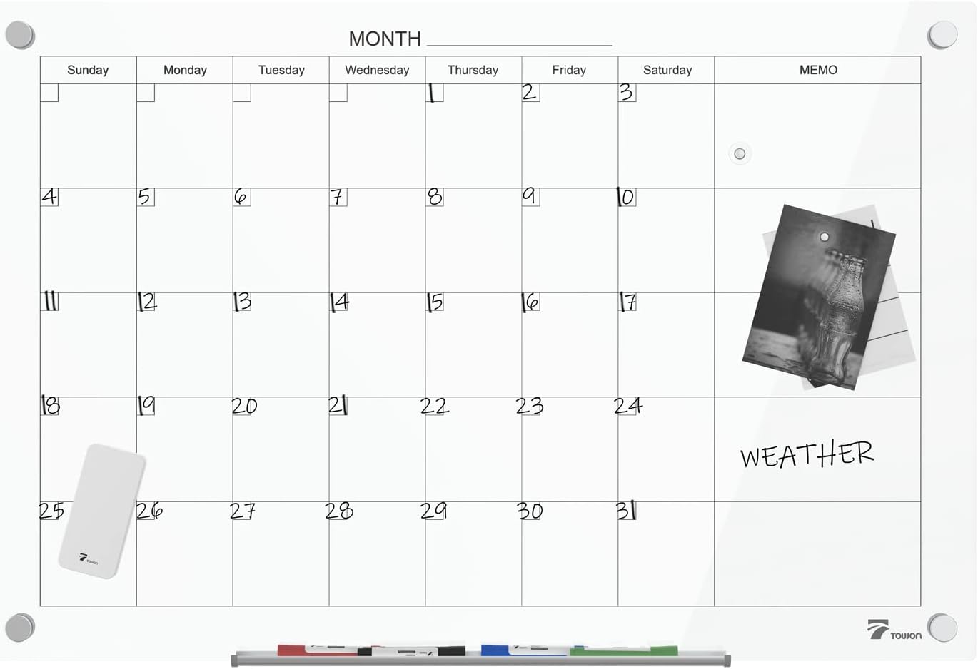 TOWON 47 x 35 Inch Large Glass Dry Erase Board, Magnetic Whiteboard Calendar, Monthly Planner Set, White