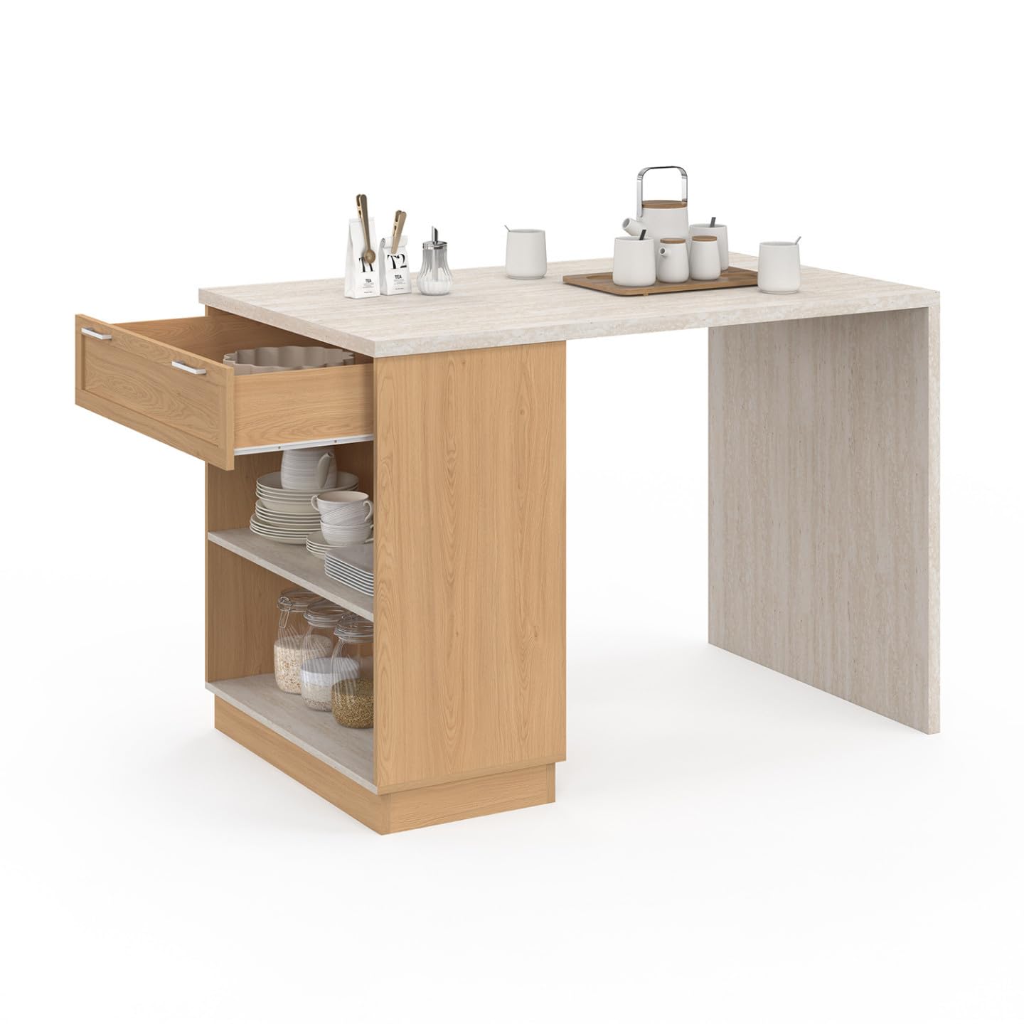 IDMarket - Ilot Central Mange-Debout 4 Personnes VITO 130 cm Bois et Plateau Effet travertin