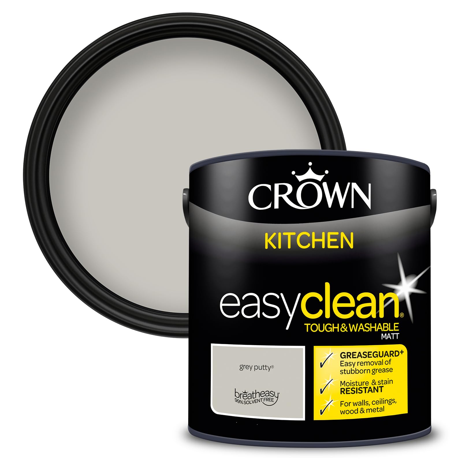 Crown EASYCLEAN Light Grey Kitchen Paint - Matt Wall Paint 2.5L