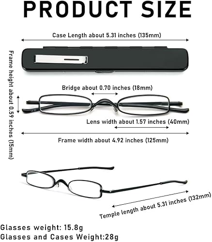 Miniatura 5 de Gafas de lectura pequeñas para hombres y mujeres, 3 pares de lectores de bolsillo delgados con clip para bolígrafo, carcasa de metal con bisagra de