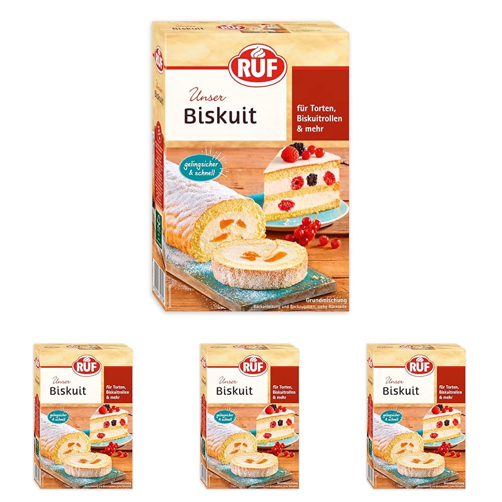 RUF Biskuit Teig, Backmischung für einen saftigen Biskuitteig, gelingsicher und schnell zubereitet, zur Herstellung von Biskuitrollen, Biskuitkuchen oder Tortenboden, 1 x 250g (Packung mit 4)