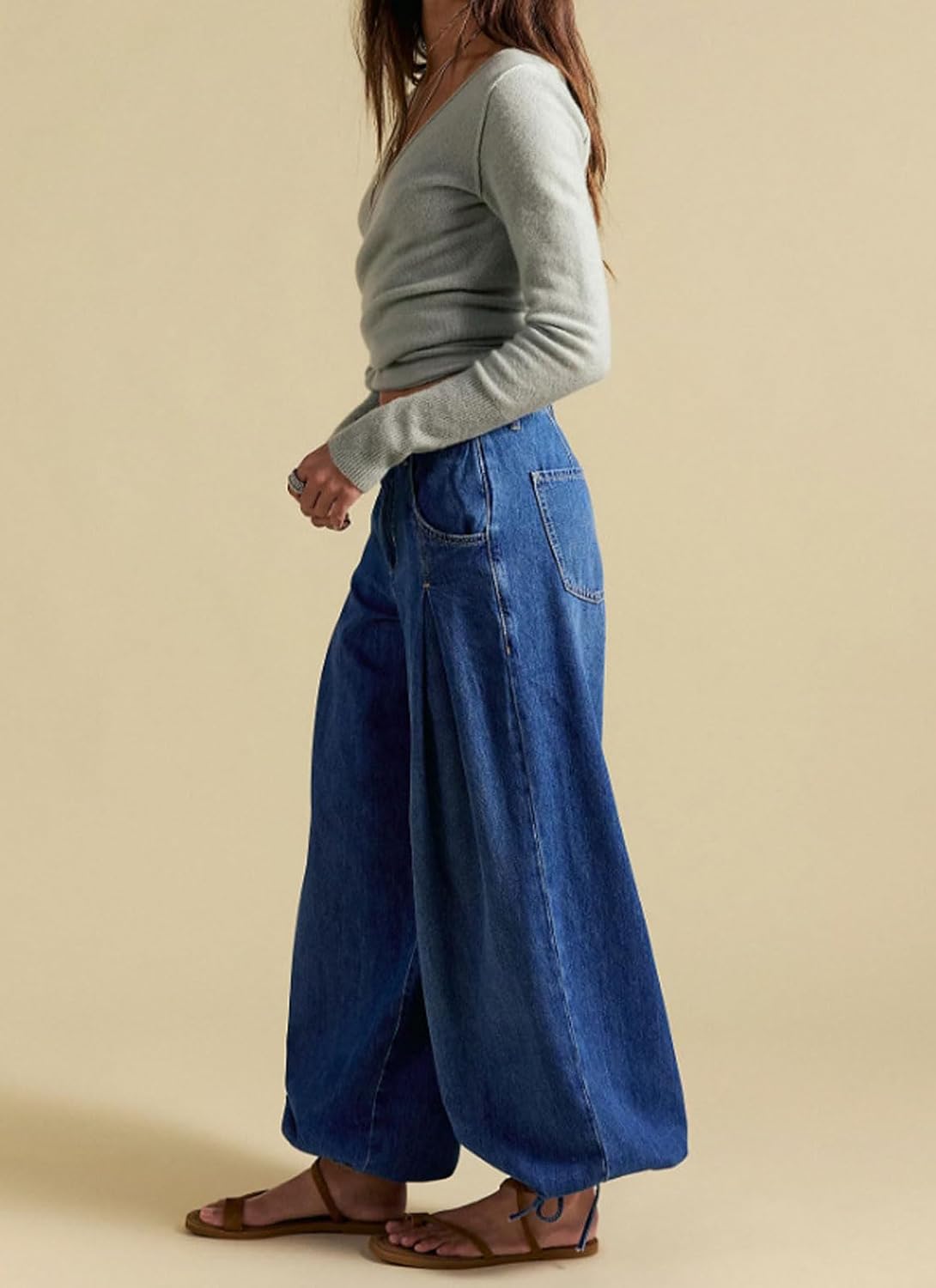 loveimgs Women Mid Rise Wide Leg Jeans Balloon Denim Pants Ankle Drawstring Baggy Tapered Leg Barrel Jeans Sweatpants Pleated