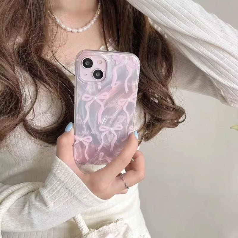 Image of COVERLY Luxury Bow & Pearl Aesthetic Designer Back Cover for iPhone 12 Pro - Slim Shockproof Soft TPU Case with Handcrafted Real Pearl Accents & Coquette Ribbon Art (Blush Pink & Pearlescent White)