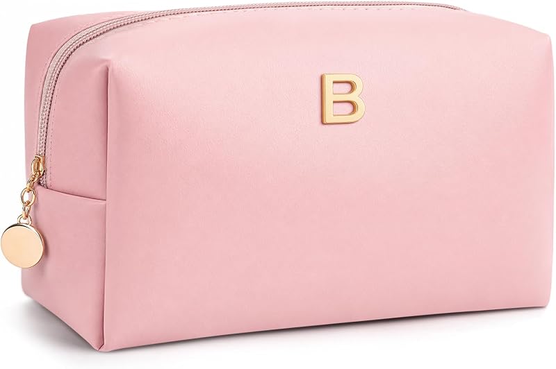 Necessaire de maquiagem YQHDT com inicial personalizada, material semelhante a couro e zíper