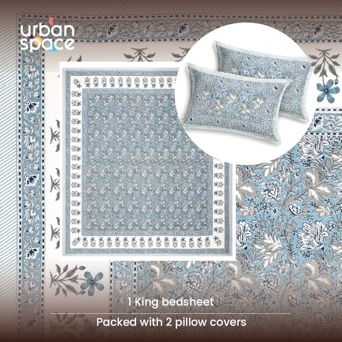 Image of Urban Space 100% Cotton Jaipuri Handblock Printed Double Size Bedsheet with 2 Pillow Covers, 200 TC Cotton Double Bedsheet (90 x 100 Inches, Rangrez Blue)