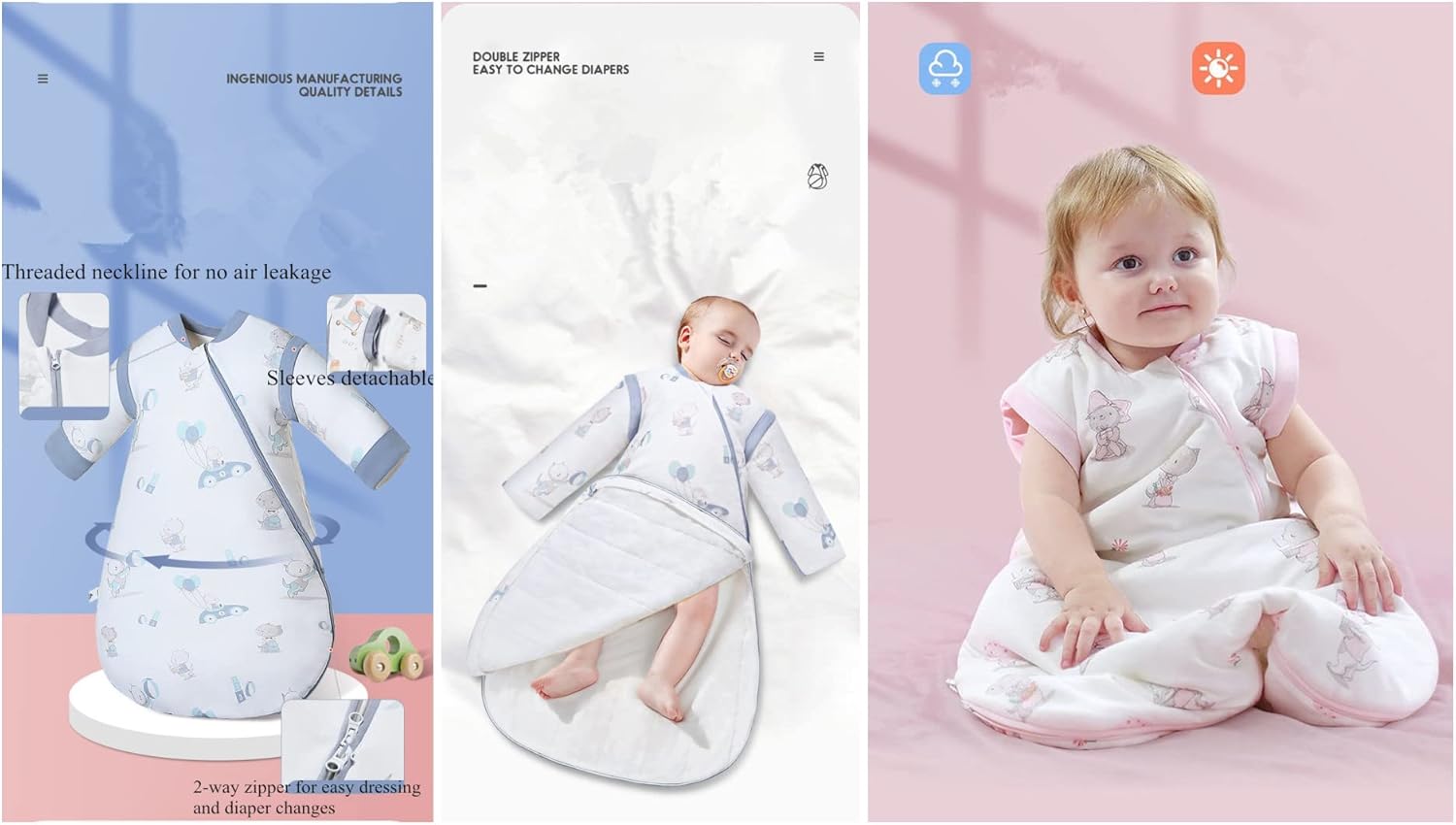 Baby Organic Sleeping Bag Winter Detachable Sleeve Wearable Blanket,Large,50-68℉