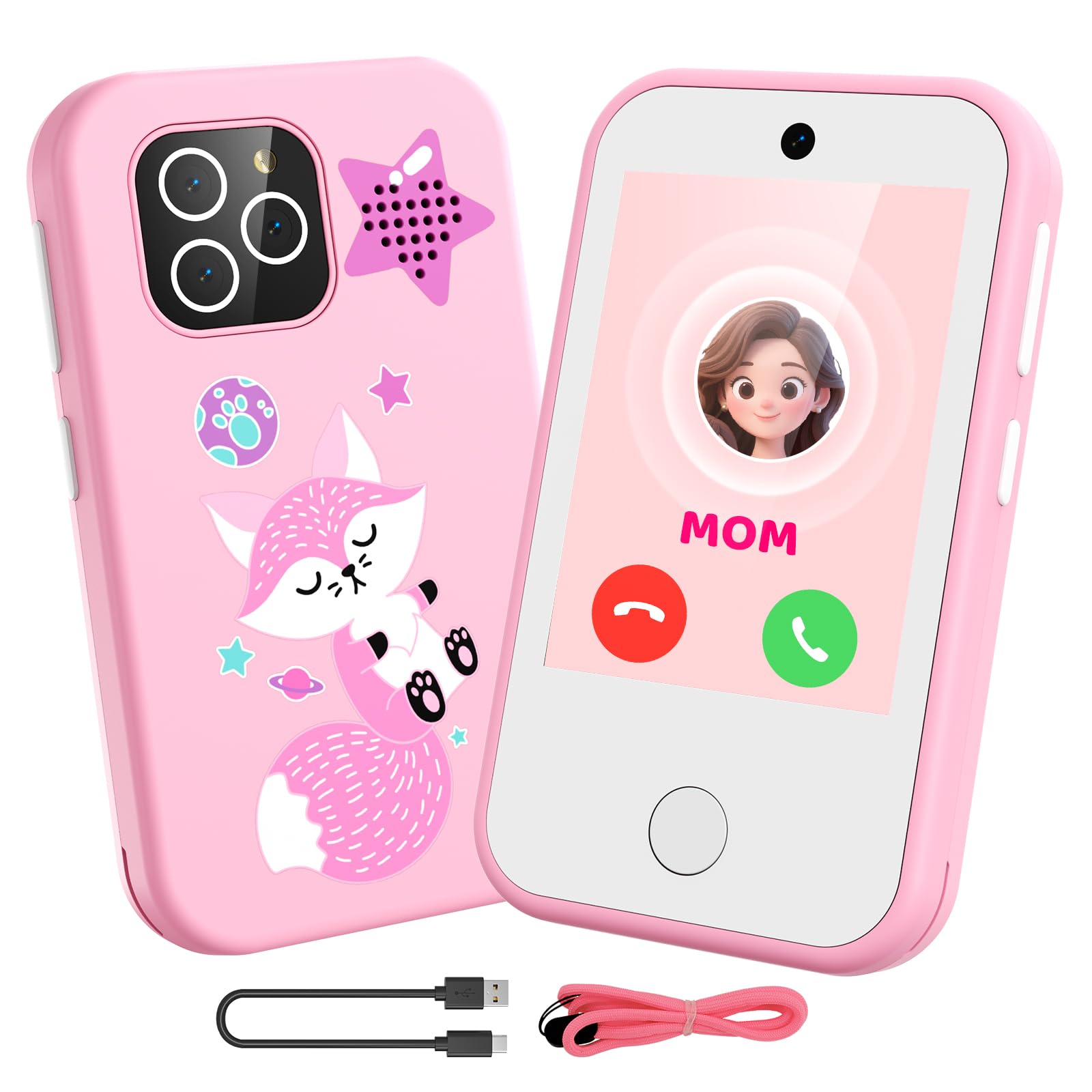 Téléphone Portable 4G pour Enfants Smartphone avec Double caméra écran Tactile de 2,8 Pouces Jouet éducatif pour garçons et Filles de 3, 4, 5, 6, 7, 8, 9 Ans Cadeau d'anniversaire Renard Rose
