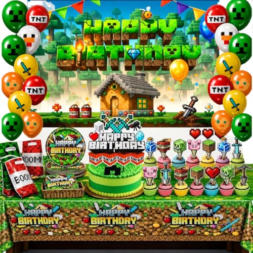 Pixel Game Birthday Party Decorations - Miner Supplies Set Gaming Theme - Including Backdrop Balloons Tablecloth Plates Toppers Napkins Favor Bags Stickers - Mining Bday Pack Craft Decor Kit
