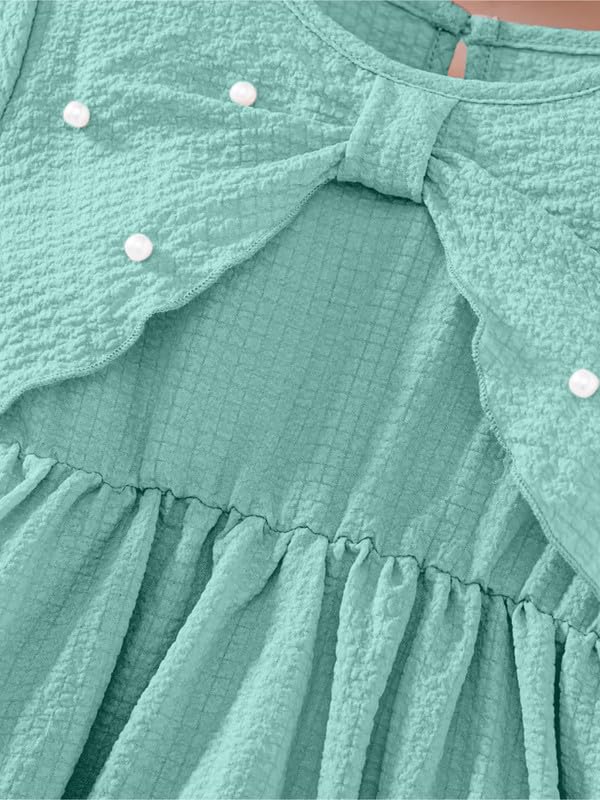 Image of Niren Enterprise Girls Bow Pearl Dress Puff Sleeve Round Neck Solid Cotton Frock